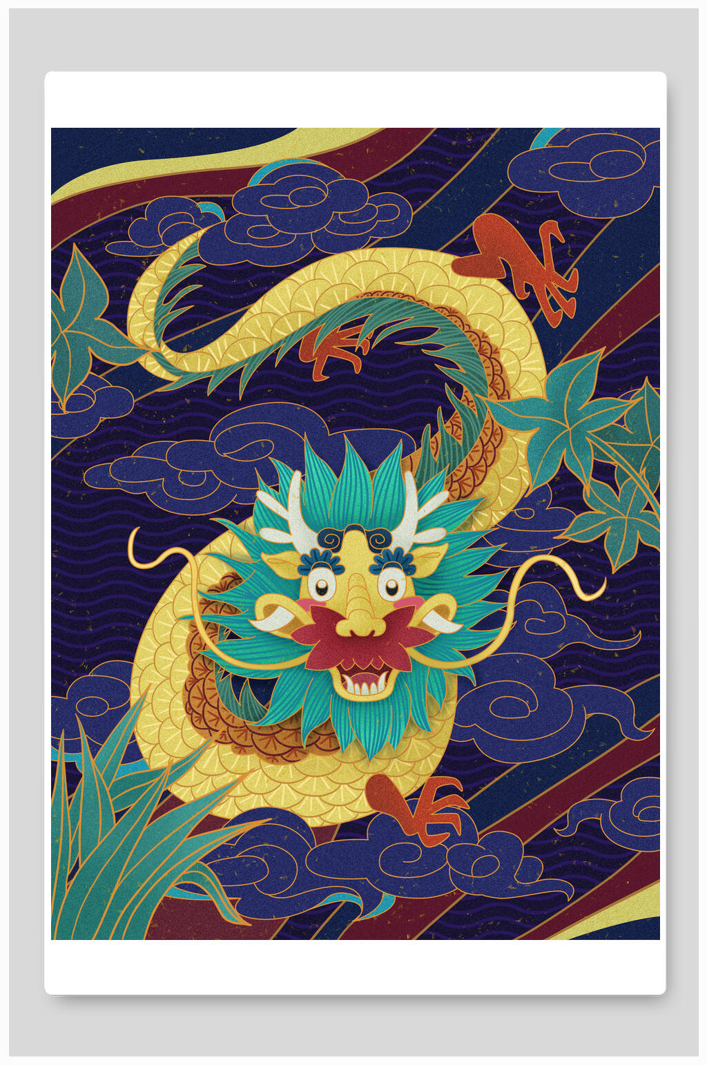创意植物祥云中国龙国潮风插画素材