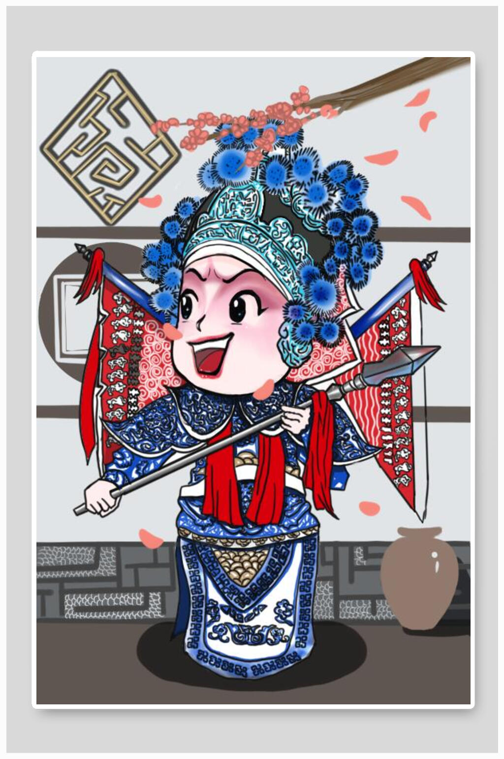 花朵京剧时尚国潮风插画素材