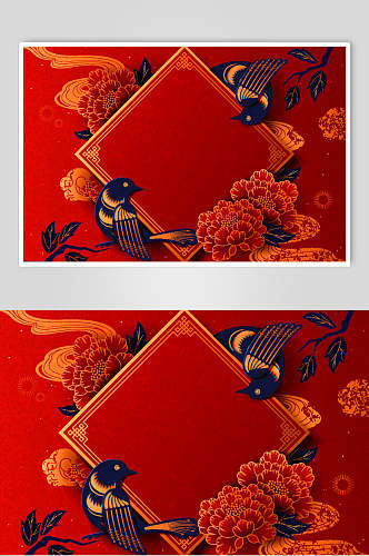 红色剪纸风小鸟春节新春海报矢量素材