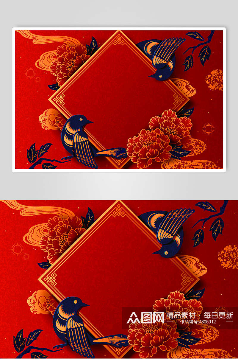 红色剪纸风小鸟春节新春海报矢量素材素材