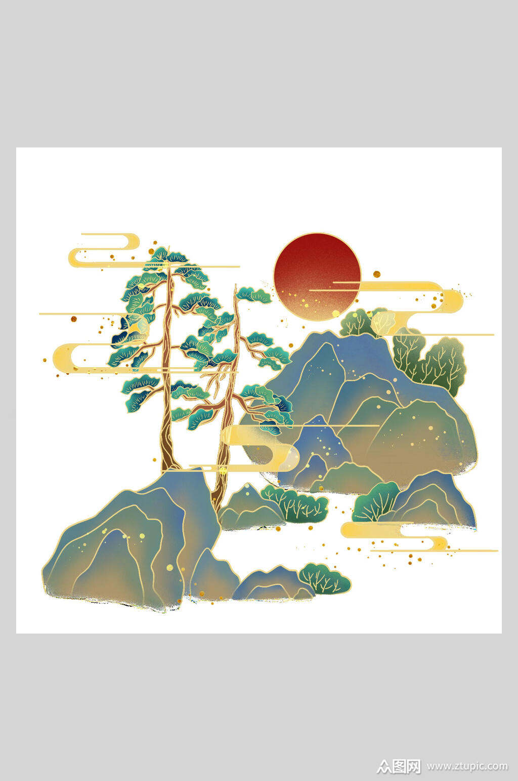禅意时尚高山祥云国潮风插画模板下载-编号4299633-众图网