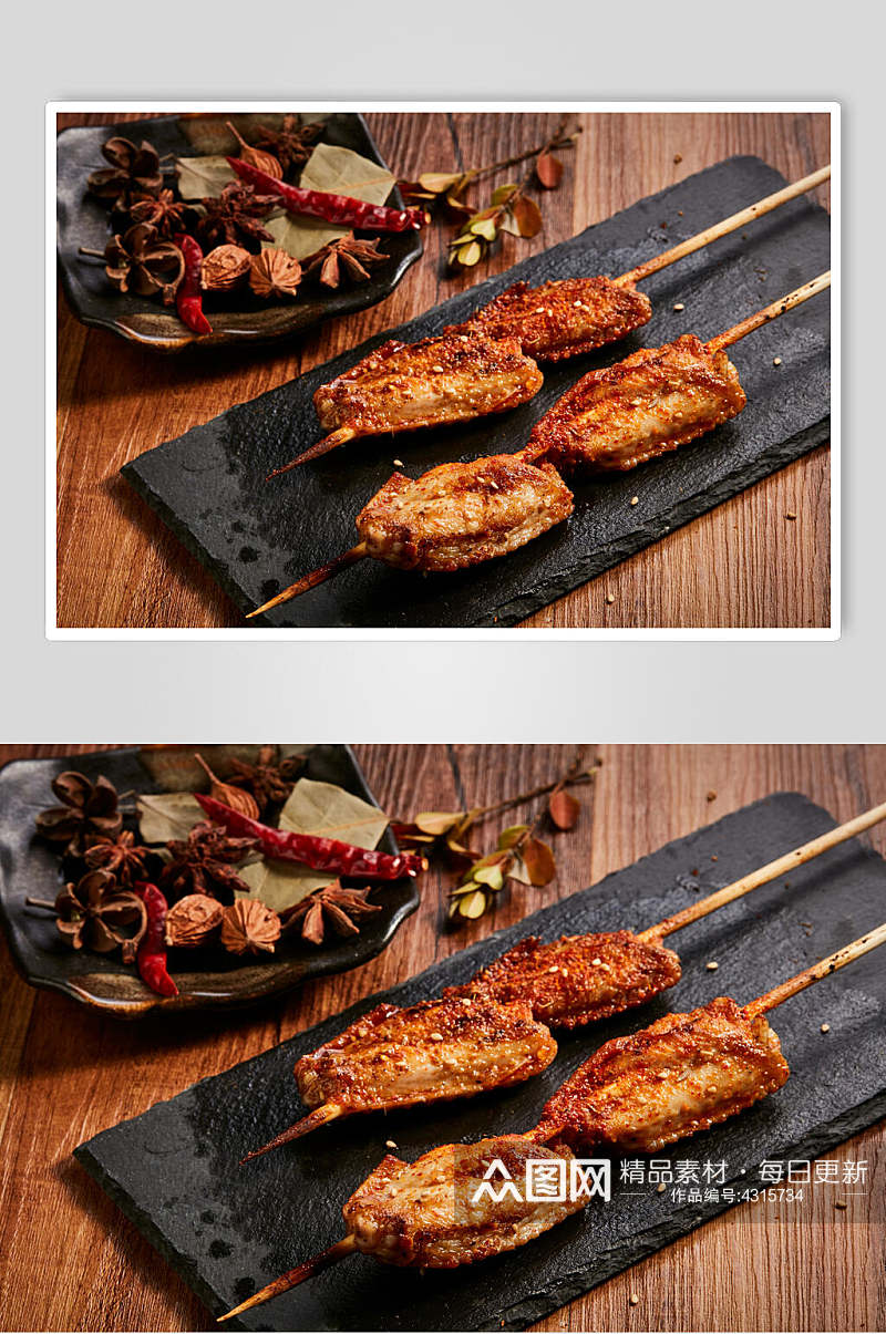 香料盘子竹签高级感烧烤烤肉图片素材