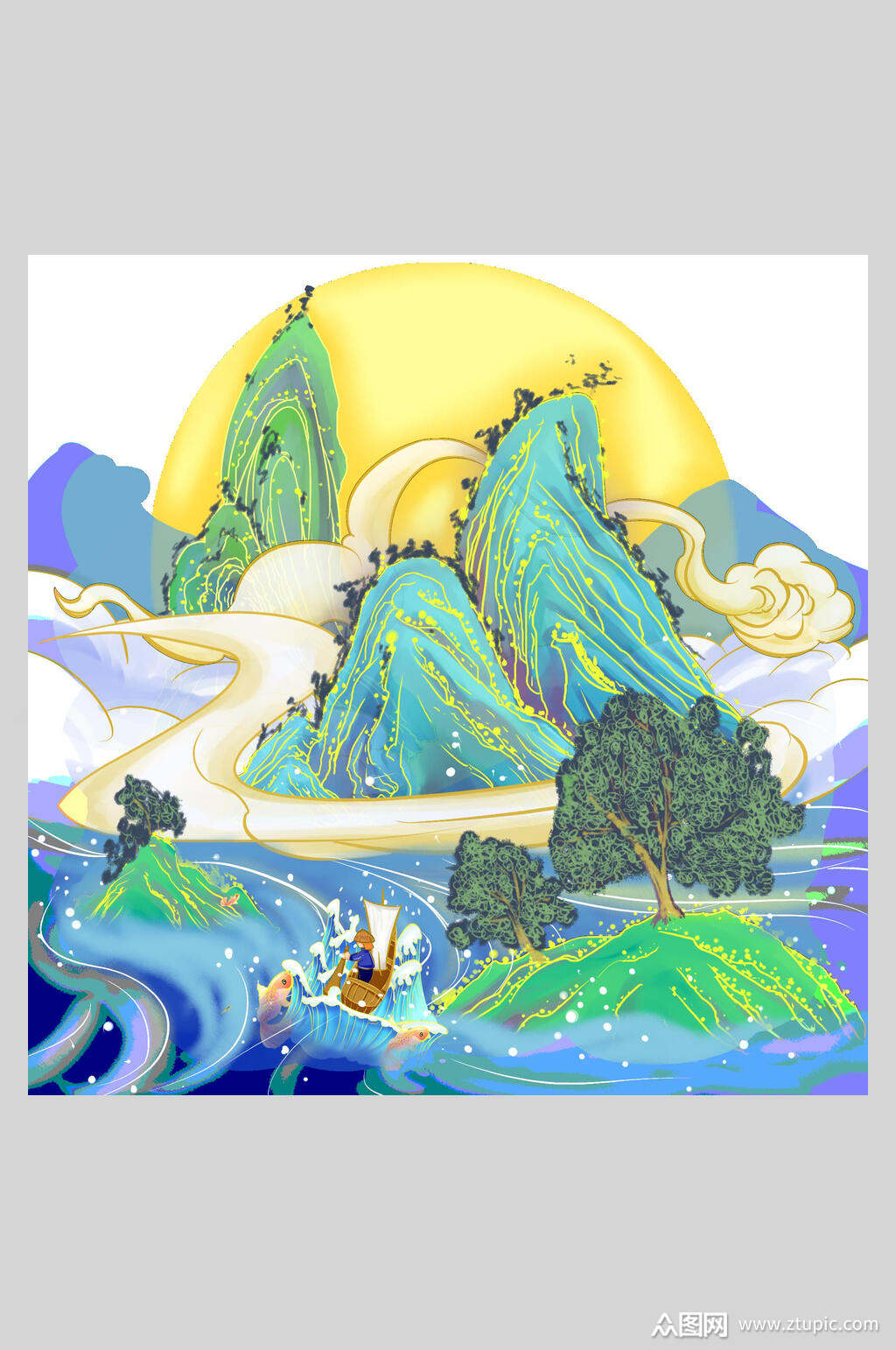 典雅高山树木国潮风插画素材