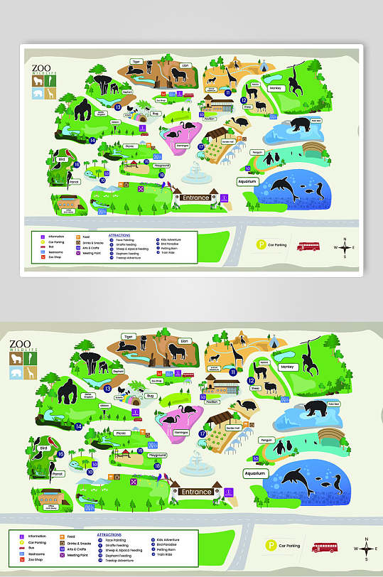 地图黄绿色动物园地图插画矢量素材