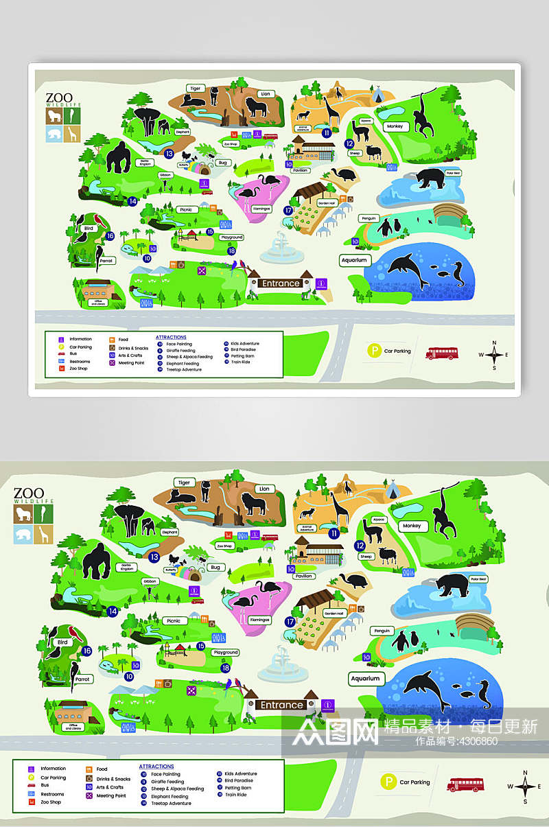 地图黄绿色动物园地图插画矢量素材素材