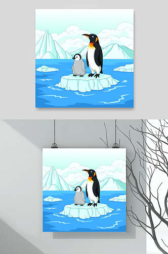 企鹅蓝色卡通冰山海底插画矢量素材