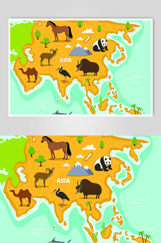 熊猫黄绿色动物园地图插画矢量素材