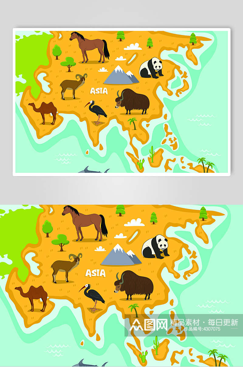 熊猫黄绿色动物园地图插画矢量素材素材