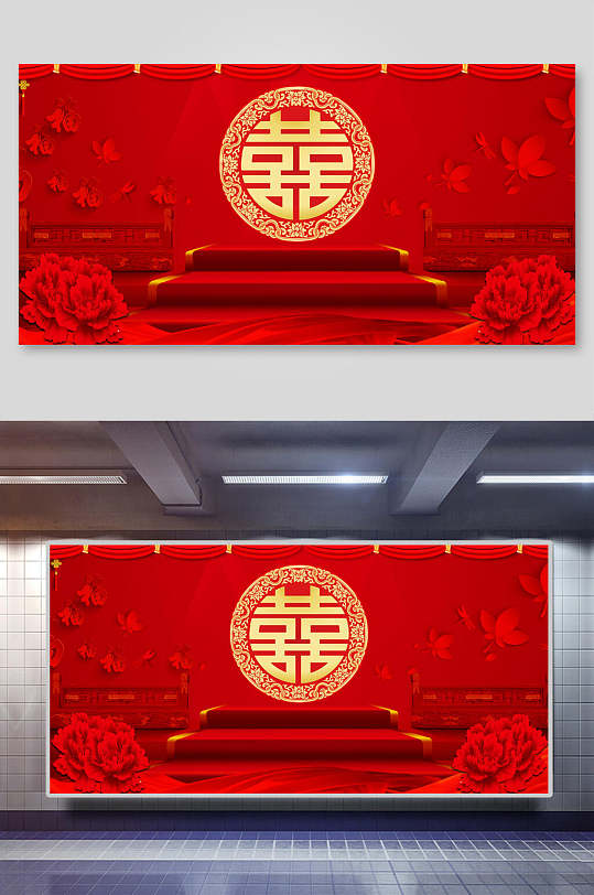 喜庆剪纸圆圈台阶红色新年背景