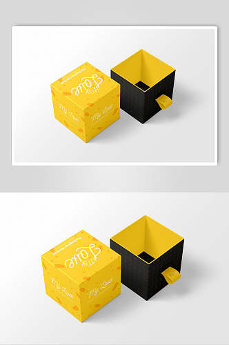 立体方块黄时尚抽拉盒包装样机