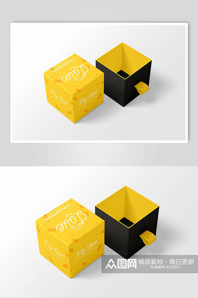 立体方块黄时尚抽拉盒包装样机素材