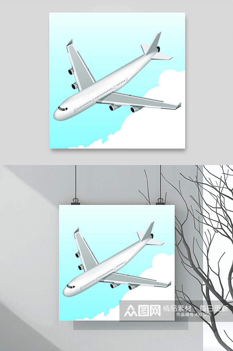 蓝白扁平清新客机机场插画矢量素材素材