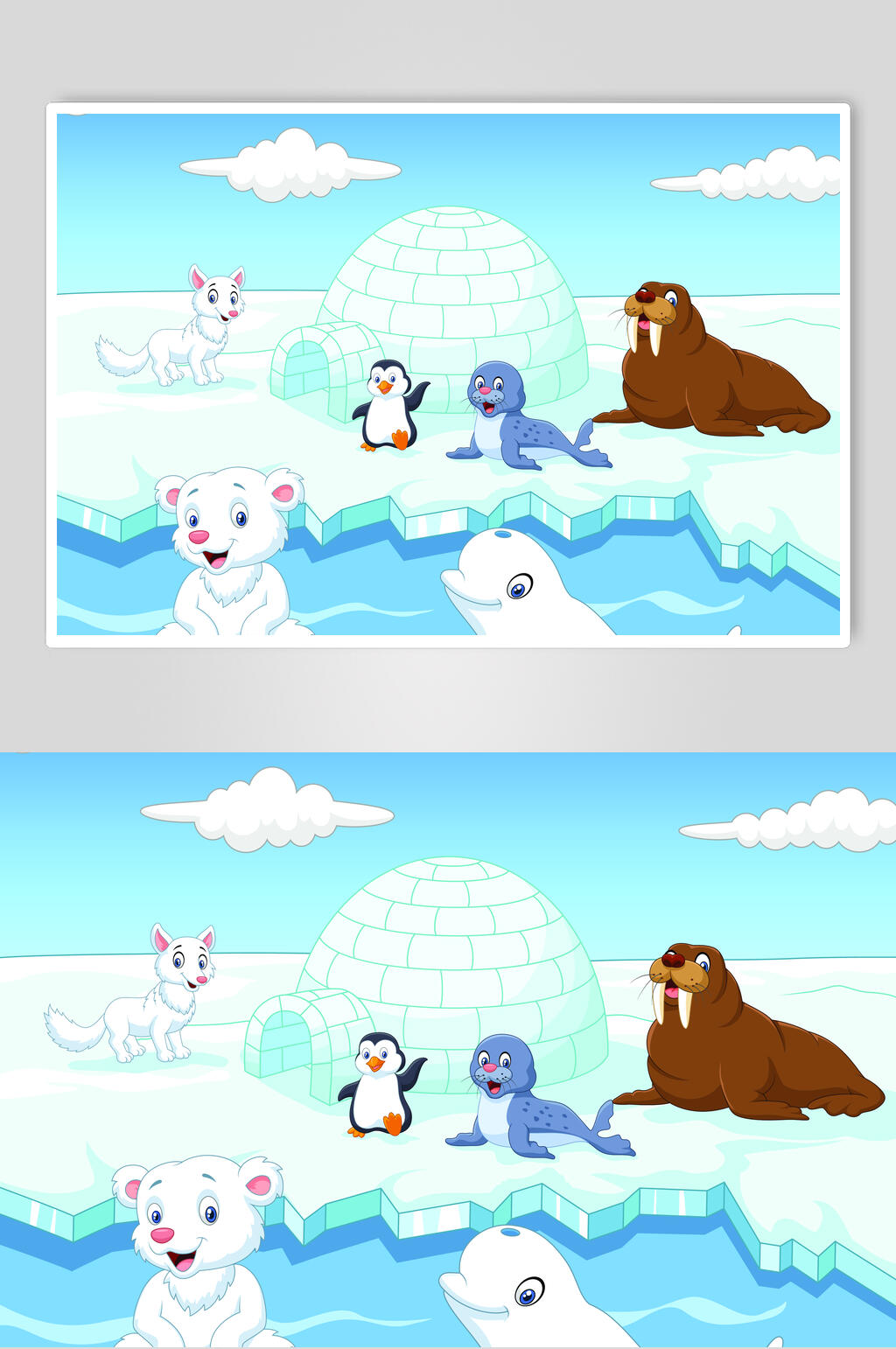 创意企鹅卡通冰山海底插画矢量素材素材