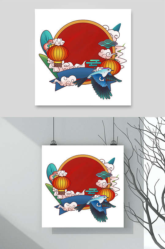 祥云鸟灯笼国潮风山水素材