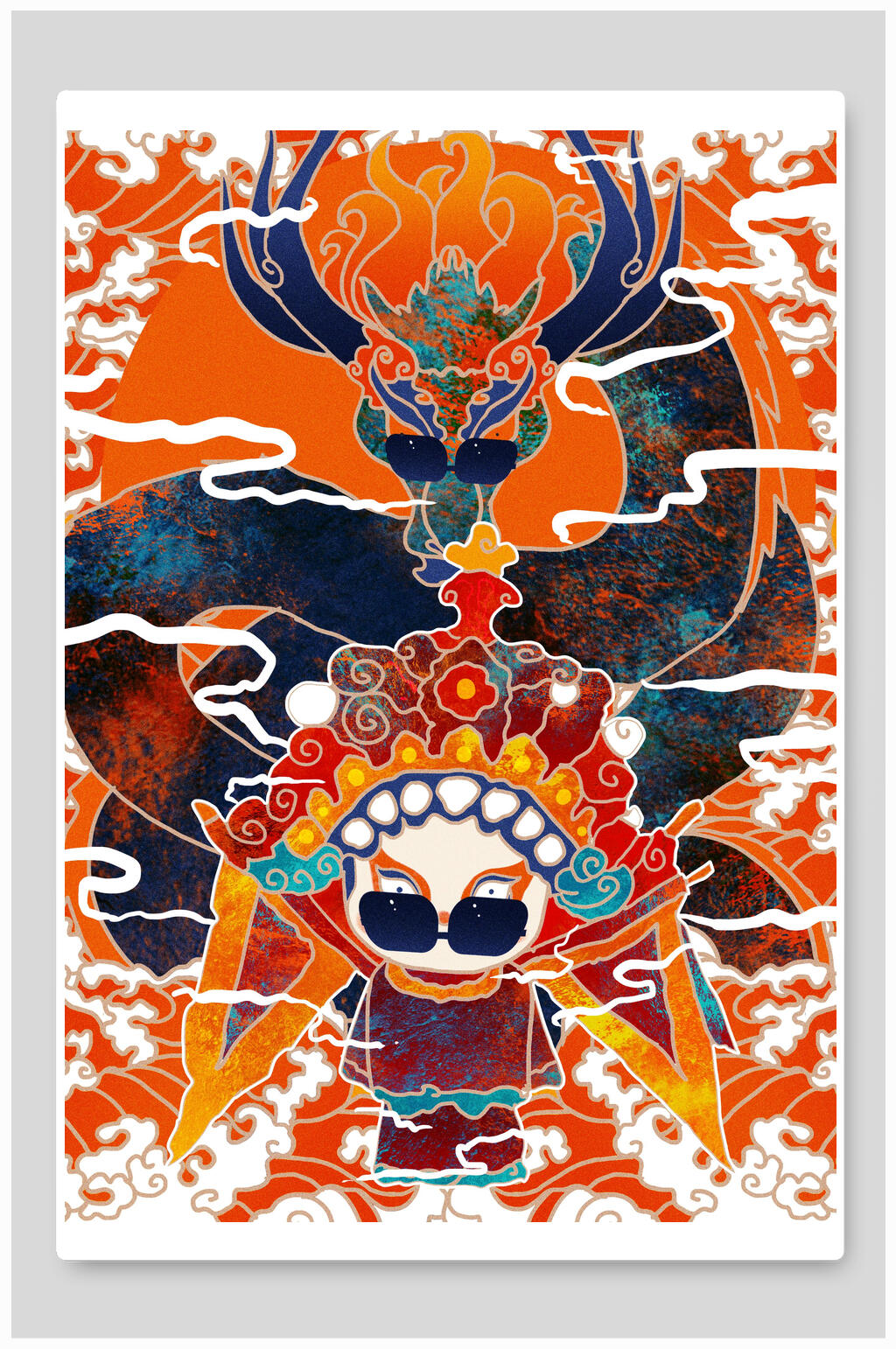 创意祥云京剧时尚国潮风插画素材