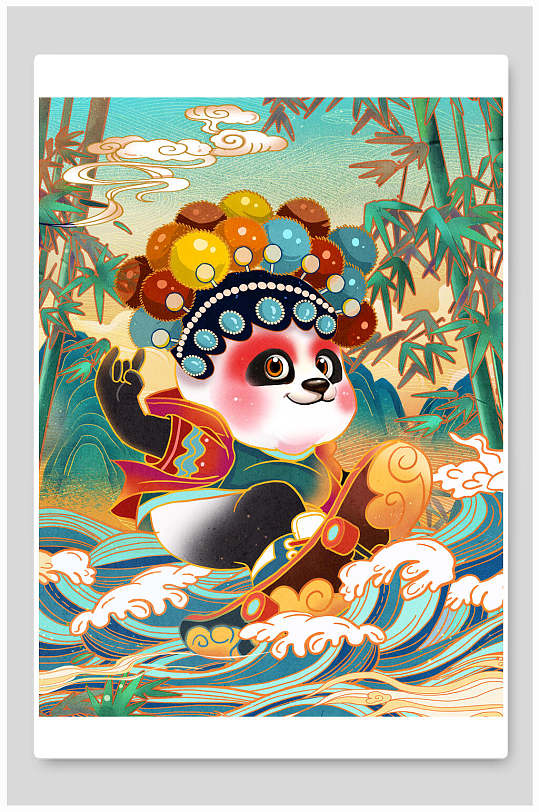 京剧熊猫花旦时尚国潮风插画