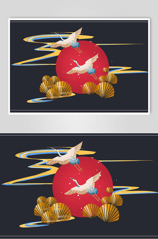 扇子仙鹤时尚复古祥云图案素材