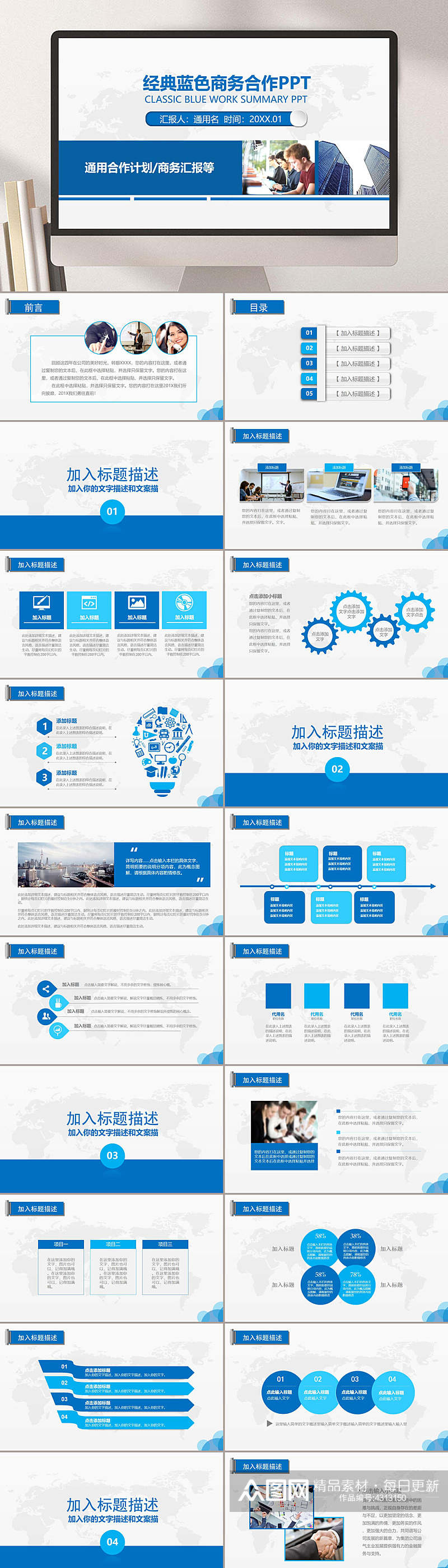 经典蓝色简约合作时尚商务汇报PPT素材
