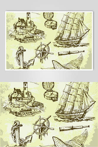 手绘复古海洋航海帆船素材