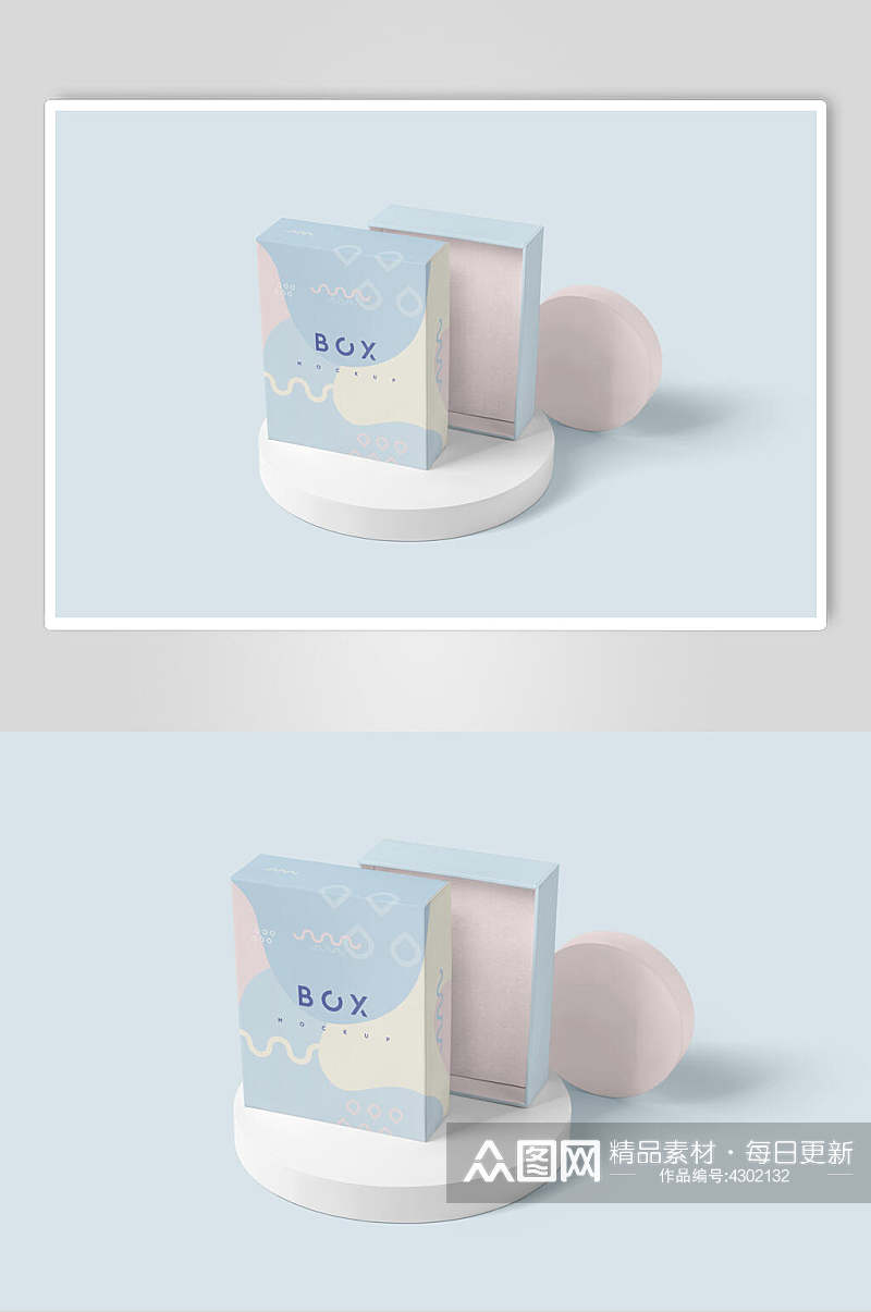 立体方块圆形粉蓝色包装盒样机素材