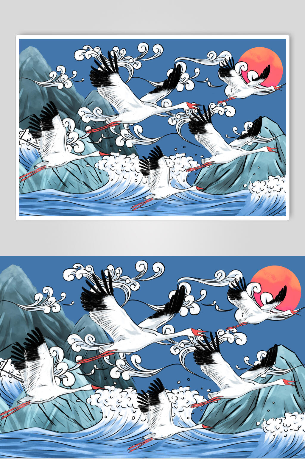 手绘仙鹤波浪时尚复古祥云图案素材素材