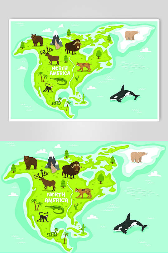 简约绿鲸鱼动物园地图插画矢量素材