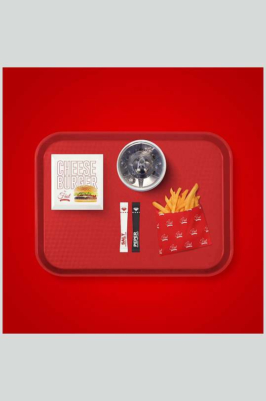 盘子红色创意大气汉堡薯条包装样机