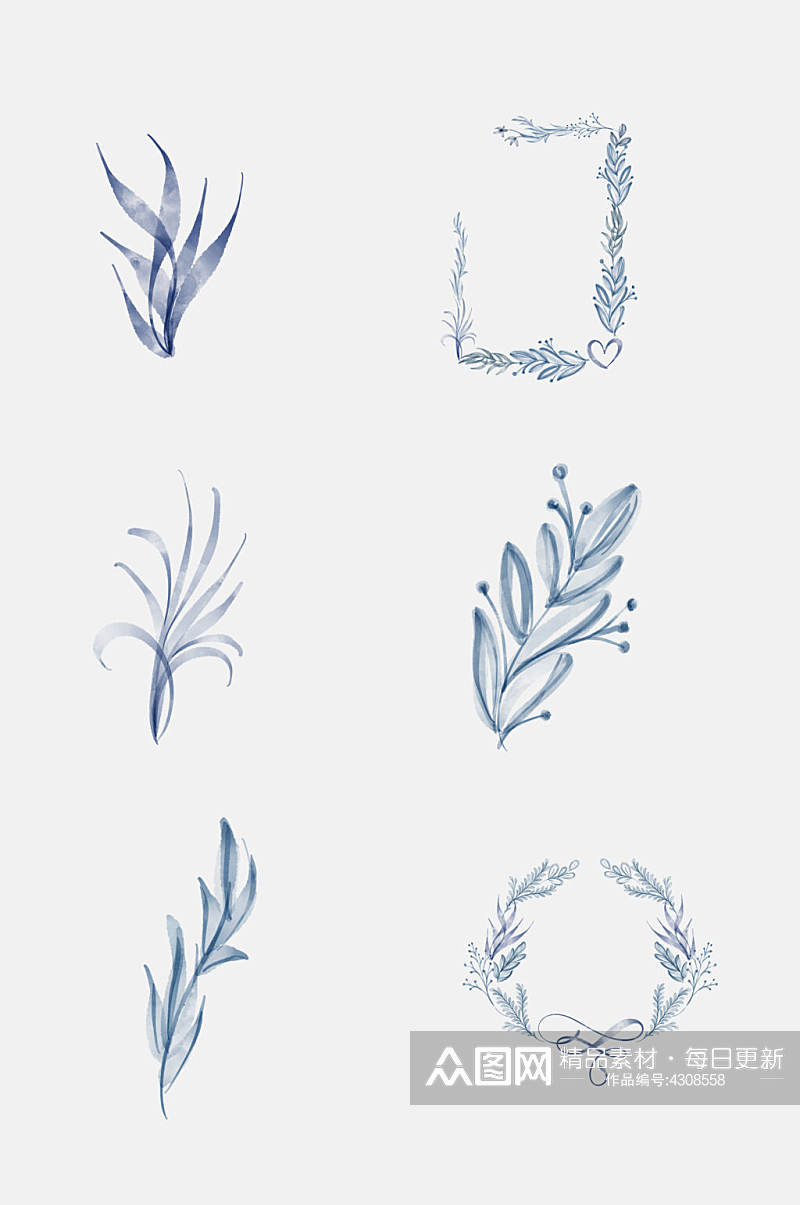 叶子时尚蓝色手绘清新植物免抠素材素材