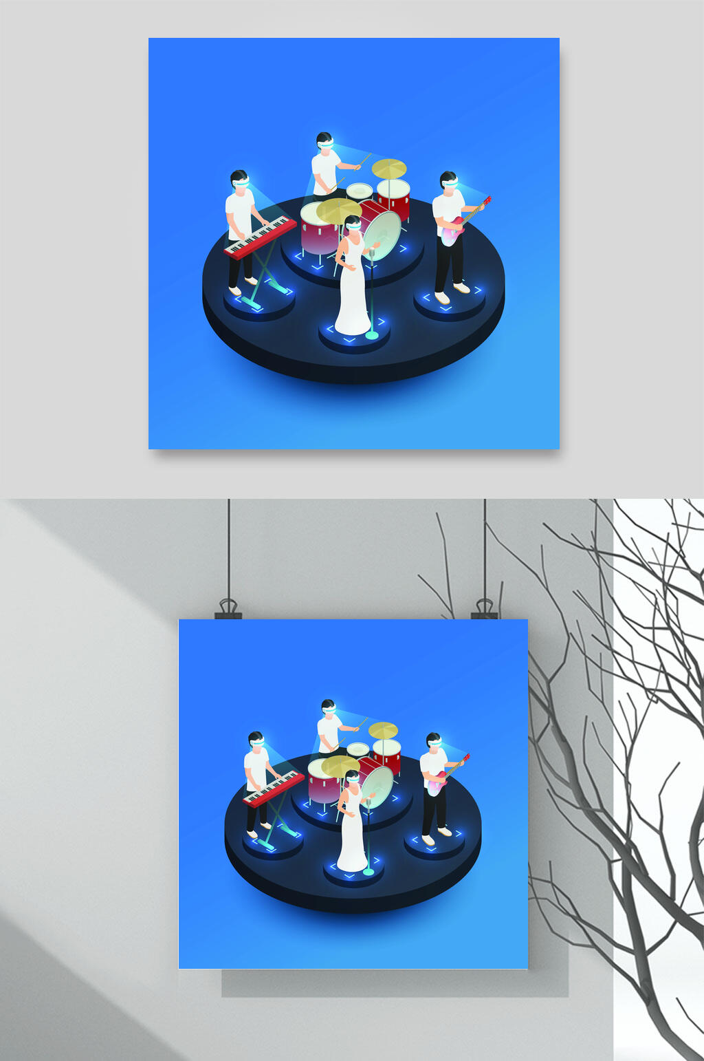 蓝色圆形等距音乐会表演插画矢量素材素材