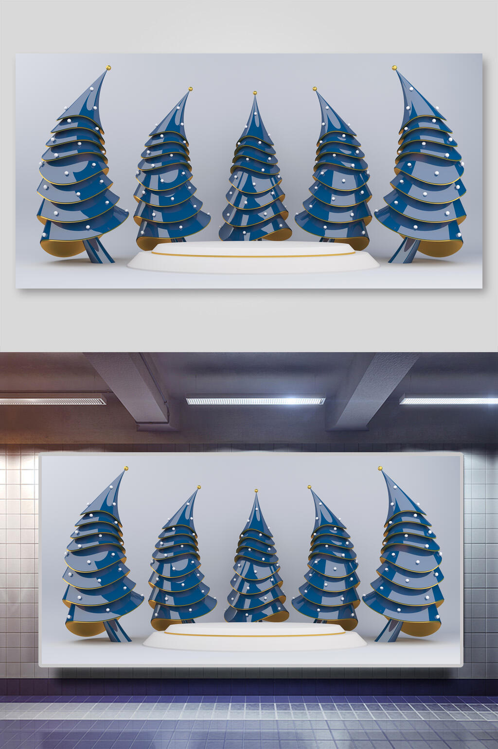 树木圆形展台蓝立体圣诞节背景素材