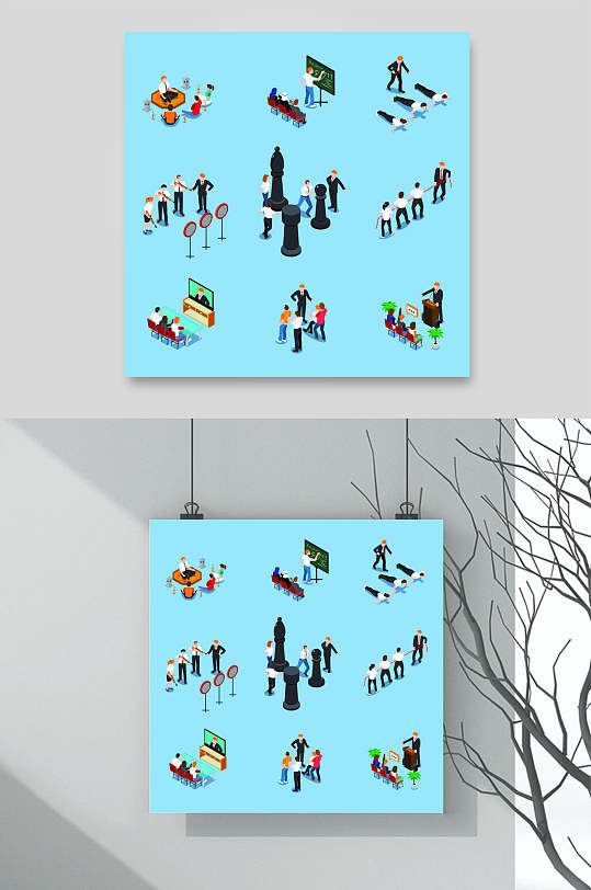 蓝色简约人物手绘清新创意高端素材-众图网