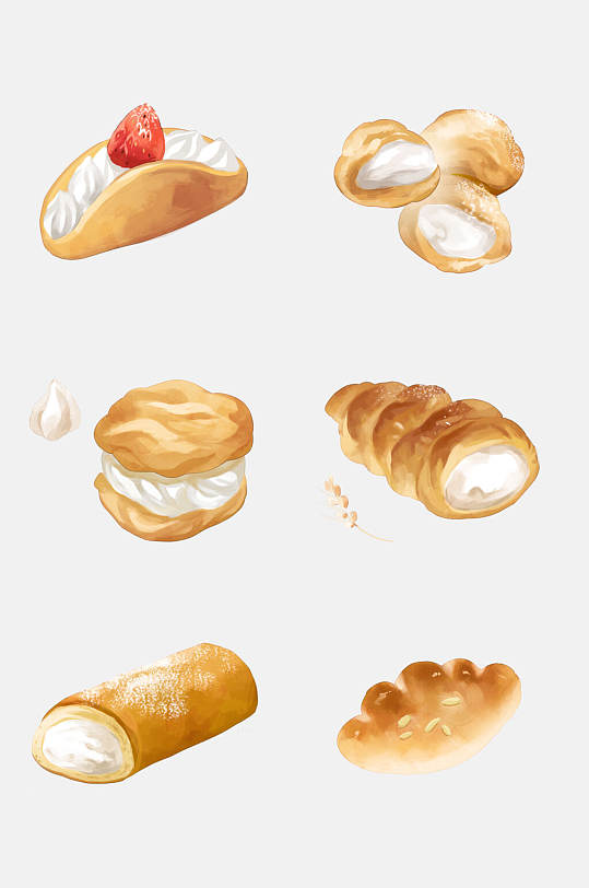 手绘烘焙草莓奶油蛋糕蛋筒糕点免抠素材