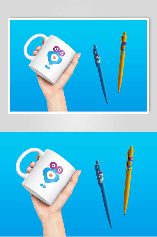 杯子创意大气蓝白色学校品牌VI样机-众图网