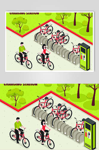 单车等距环保能源出行插画矢量素材
