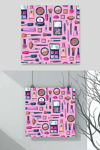 粉色背景手绘化妆品图标矢量素材