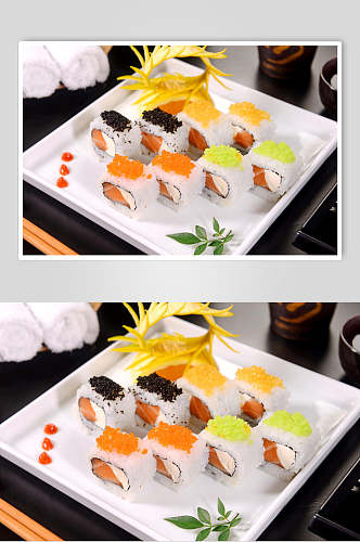 高清拍摄盘子近景美味寿司实拍图片