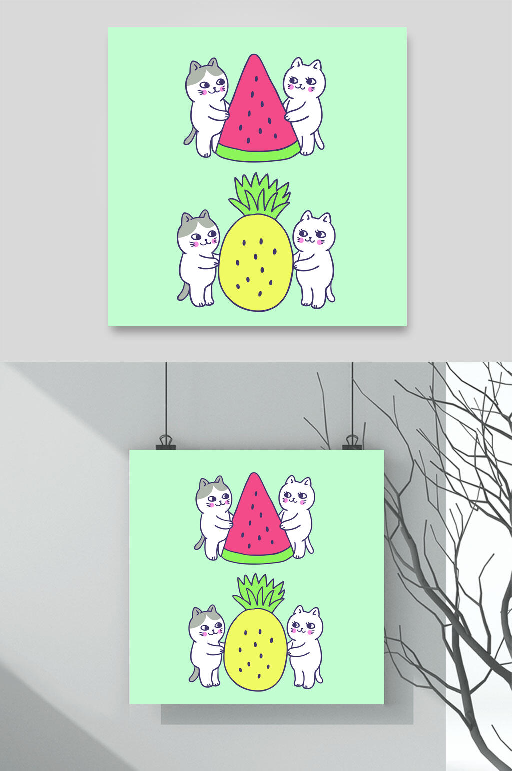 西瓜菠萝卡通猫咪矢量素材素材