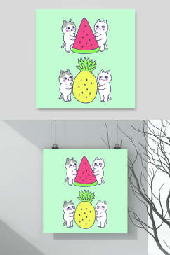 西瓜菠萝卡通猫咪矢量素材