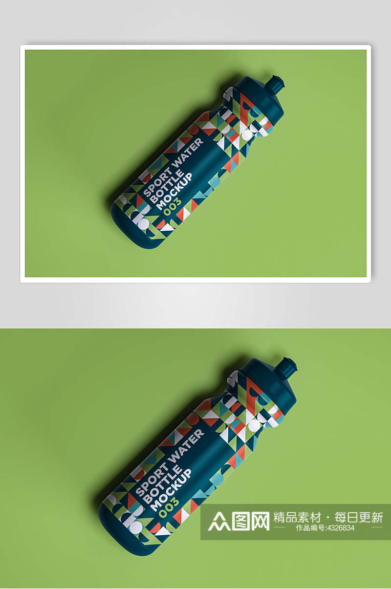 阴影极简平放绿色清新运动水瓶样机素材
