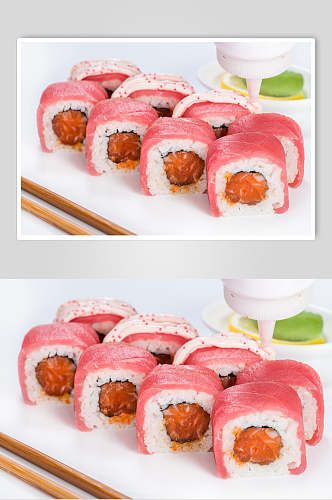 粉色盘子高清拍摄美味寿司实拍图片