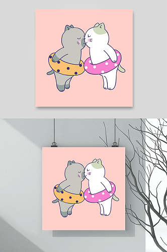 粉色游泳圈卡通猫咪矢量素材