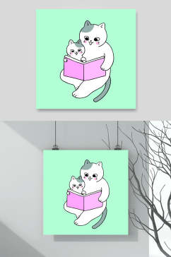 看书卡通猫咪矢量素材