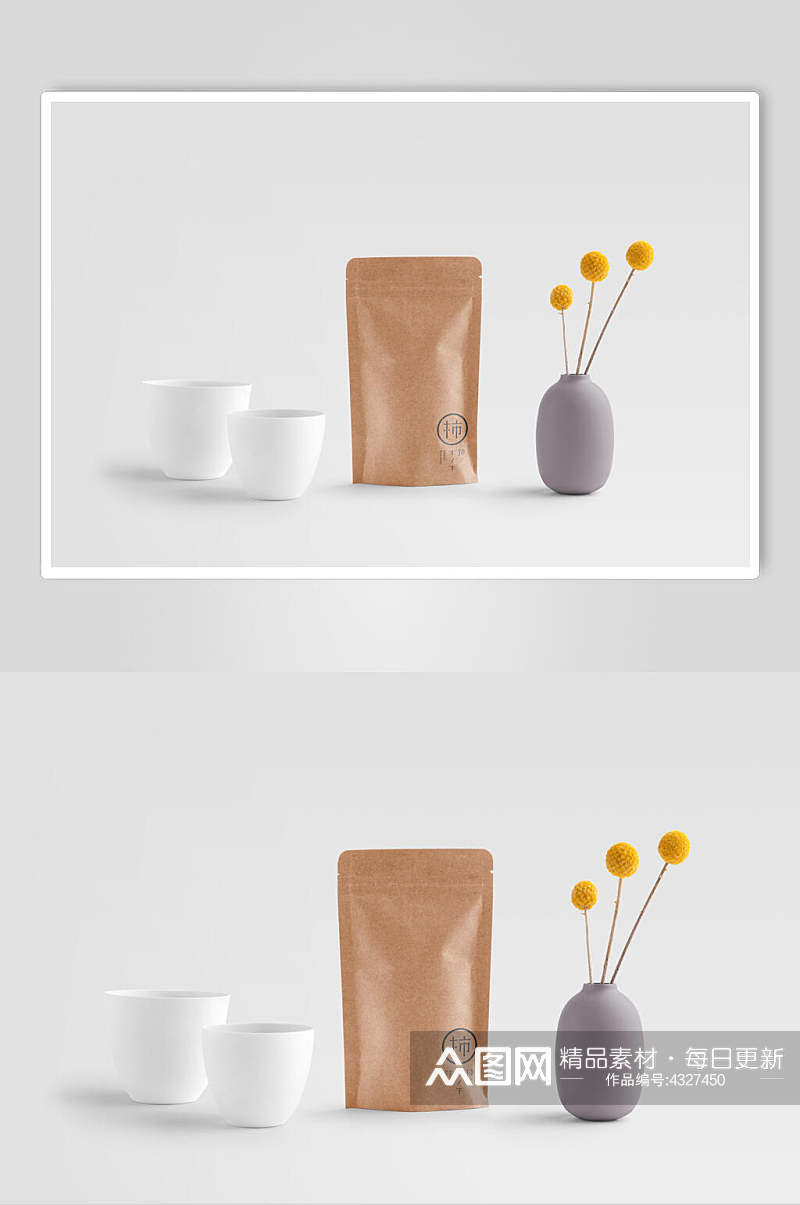 袋子杯子黄白色茶叶茶具包装VI样机素材