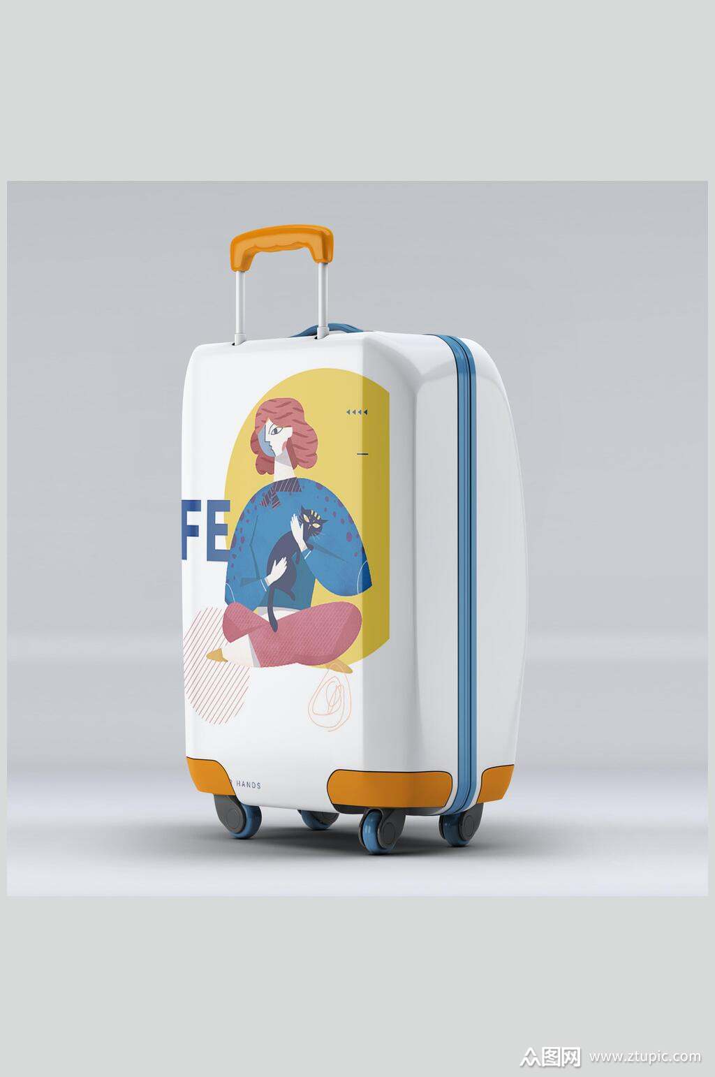 侧面简约手绘提拉杆行李箱贴图样机素材