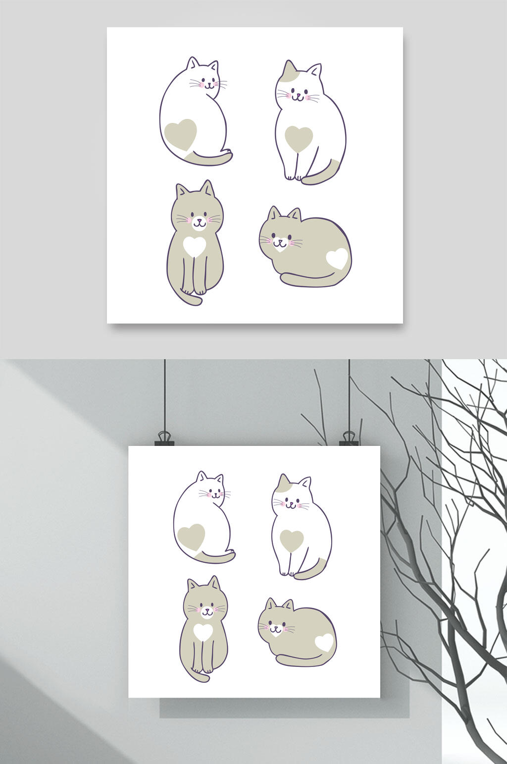 灰色爱心小猫卡通猫咪矢量素材素材