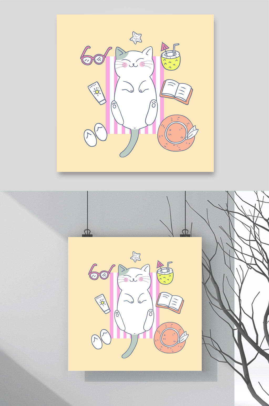 黄色眼镜卡通猫咪矢量素材素材