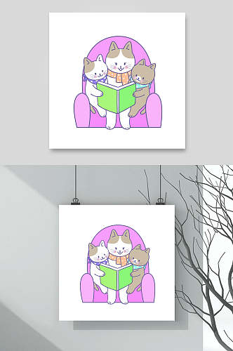 紫色沙发卡通猫咪矢量素材