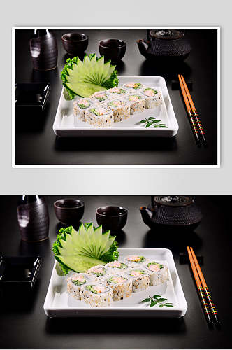 盘子黑白高清拍摄美味寿司实拍图片
