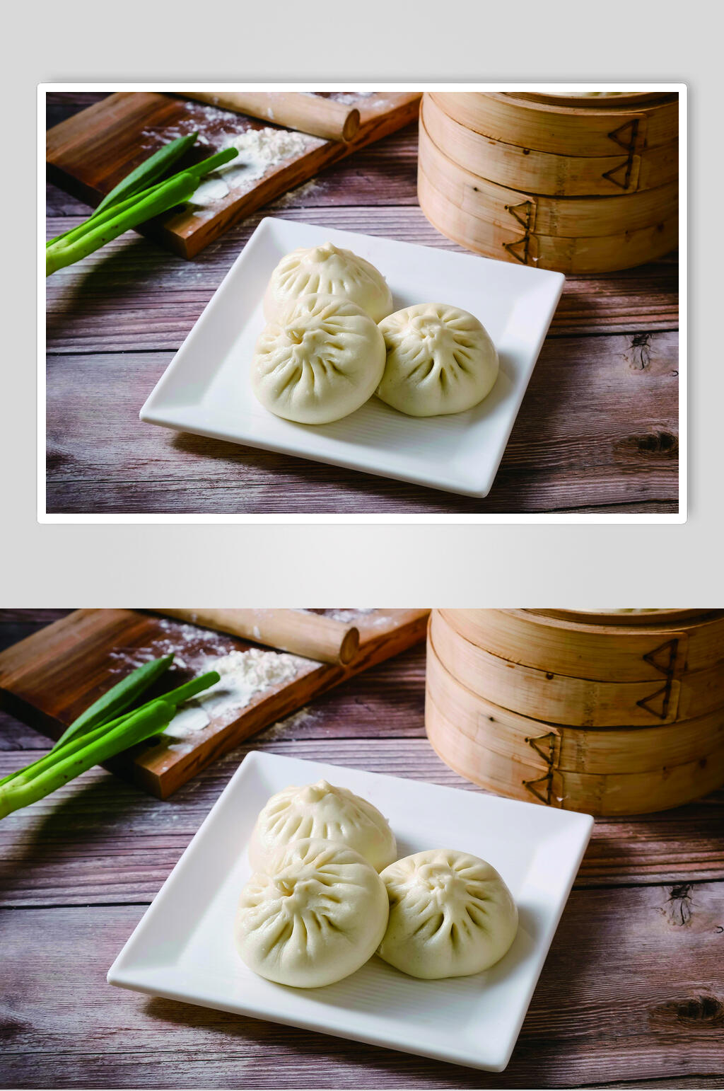 三个包子白瓷盘早点图片素材