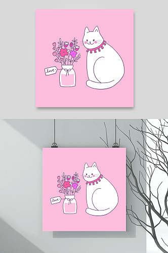 粉色花卉卡通猫咪矢量素材